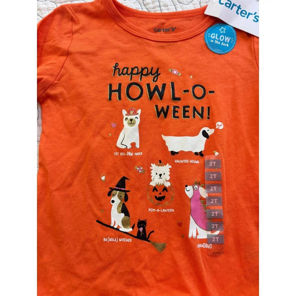 Carters Toddler Girls 2T Halloween Dog Glow in the Dark Long Sleeve Ruffle Shirt